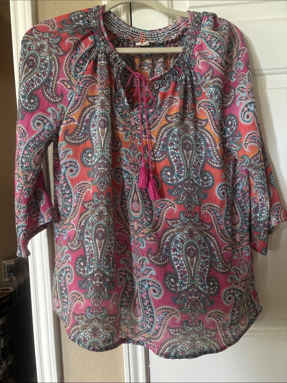 Spense Pink Paisley Peasant Tunic with Tassel Tie